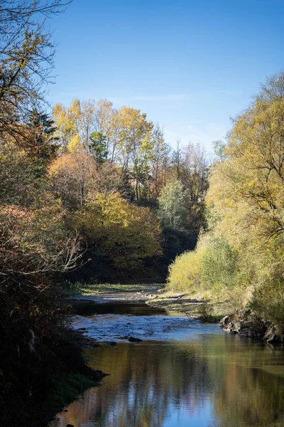 stock image river among lush forest, beautiful autumn