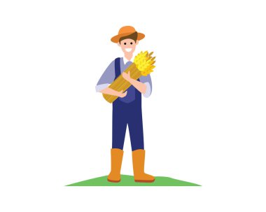 Happy Wheat Farmer Holding the Harvest Illustration