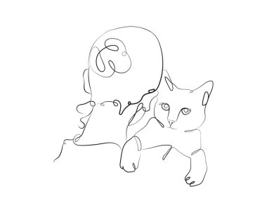 Man Hugging Cat Illustration with Silhouette Line Art Style