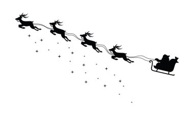 Kızakla Uçan Noel Baba Parıltılı Resimler serpiştirilmiş Uçan Ren Geyiği tarafından kaldırıldı. Siluet Biçimiyle Görselleştirilmiş