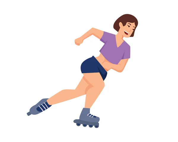 Μια Χαρούμενη Γυναίκα Ιππασία Roller Skates Εικονογράφηση Οπτικοποιημένη Απλή Απεικόνιση — Διανυσματικό Αρχείο