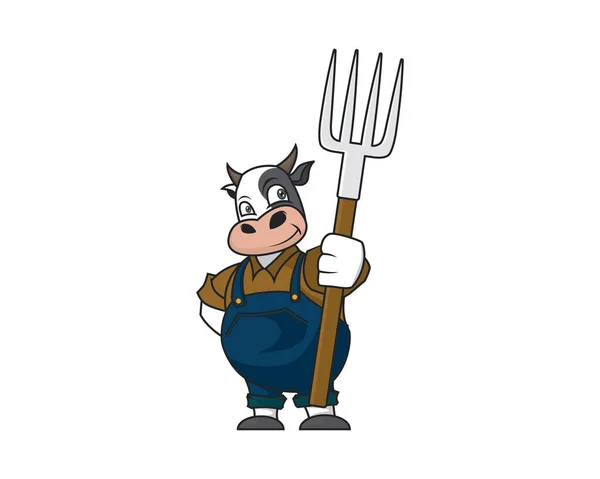 Hodowca Krów Noszący Rolnicze Ubrania Trzymający Widelec Pik Ilustracja Wizualizowane — Wektor stockowy