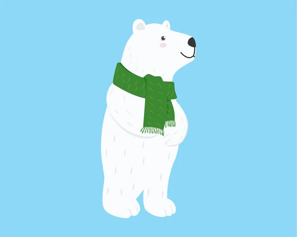 Cute Niedźwiedź Polarny Noszący Zielony Szalik Ilustracja Wizualizowana Stylu Kreskówki — Wektor stockowy