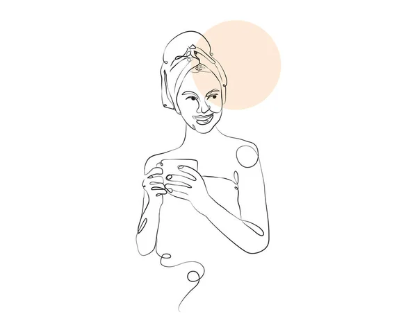 Χαμογελαστή Γυναίκα Κρατώντας Ένα Φλιτζάνι Ποτό Και Φορώντας Πετσέτα Συμβολισμός — Διανυσματικό Αρχείο
