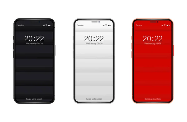 Different Variations Minimalist Red Black Light Grey 3D Smooth Blurred Lines Wallpaper Set On Photo Realistic Cell Phone Screen Isolated On White. Various Vertical Abstract Screensavers For Smartphone