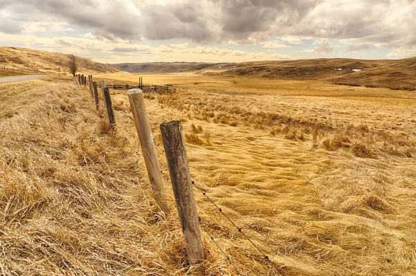 Landscape of Dramatic Stormy landscape of farmland with a barbed wired fence, Alberta, Canada