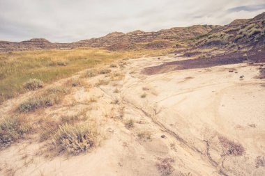 Drumheller, Alberta 'nın çorak topraklarında bir tepeye bakıyorum.