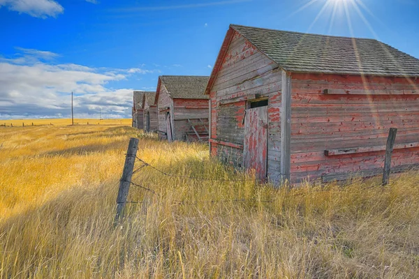 Krajina Starých Hospodářských Budov Sluncem Prasklo Nad Saskatchewan Kanada — Stock fotografie