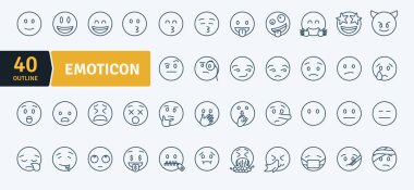 40 özet emoticonlar. Bu basit ama anlamlı yüzler çok çeşitli duygu ve tepkileri iletir. Dijital iletişim için mükemmeldir. Bu set, mutlu ve üzgün olmaktan şaşırmış ve kızgın olmaya doğru çevrimiçi duyguları ifade etmek için görsel bir dil sunuyor.