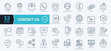 İletişim ve iletişim ile ilgili 32 farklı çizgi simgesinden oluşan bir koleksiyon. Simgeler telefon, e-posta, sohbet ve sosyal medya da dahil olmak üzere çeşitli iletişim yöntemlerini temsil ediyor. Ayrıca destek, yardım merkezleri ve haritalar için semboller de içerir