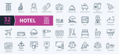 Otelin konforuyla ilgili 32 farklı çizgi simgesi. İkonlar komiler, resepsiyon, bagaj servisi, yemek vagonları ve oda özellikleri gibi hizmetleri ve tesisleri tasvir eder. Ayrıca yüzme havuzları, plajlar, kasalar, asansörler, araziler gibi unsurları da içerir.