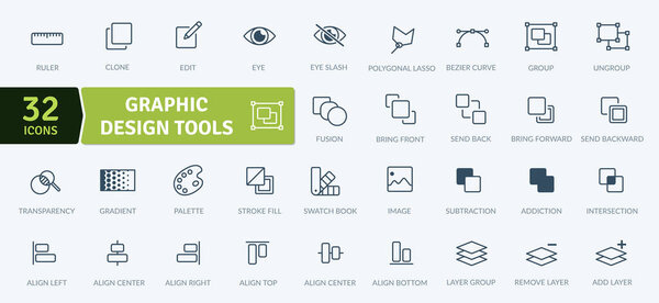 A collection of graphic design tools. These tools are used to create various types of graphics, such as logos, icons, and illustrations. They can be used for a wide range of purposes. 32 distinct line icons representing both general and software-spec
