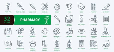 Temel tıbbi sembollerin yer aldığı 32 eczane ve sağlık hizmetleri ile ilgili kapsamlı bir set. Koleksiyonda eczane sembolü, ilaçlar, tıbbi cihazlar, sağlık ürünleri ve sağlık hizmetleri yer alıyor. 