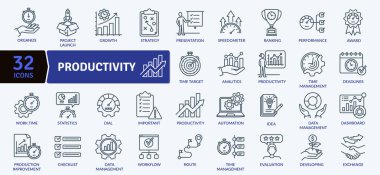 Organizasyon, proje başlatma, büyüme, strateji, zaman yönetimi, analitik, iş akışı ve performans ölçümleri gibi profesyonel kavramların yer aldığı 32 üretkenlik ve iş yönetimi çizgisi ikonundan oluşan kapsamlı bir koleksiyon. Her simge des