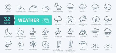 Kapsamlı bir vektör çizimi çeşitli hava koşullarını temsil eden 32 farklı simge sunar. Simgeler güneşli, bulutlu, yağmurlu, karlı ve gece hava durumunun yanı sıra fırtına, dolu, sulu, yağmur, sis, rüzgar gibi belirli olayları kapsıyor.
