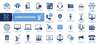 İletişim 32 farklı iletişim biçimini temsil eden simge. E- posta ve çevrimiçi çağrılar gibi dijital yöntemlerin yanı sıra gazete ve telefon gibi geleneksel medya metotlarında kablosuz bağlantılar için semboller yer alıyor.