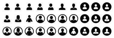 Kullanıcı profillerini temsil etmek için tasarlanmış minimalist, düz stil simgelerinin toplanması. Simgeler temiz, tutarlı mavi ve beyaz bir renk düzeni içinde sunuluyor. En üstteki satırda bir insanın kafasının ve omuzlarının basit siluetlerini gösteriyor..