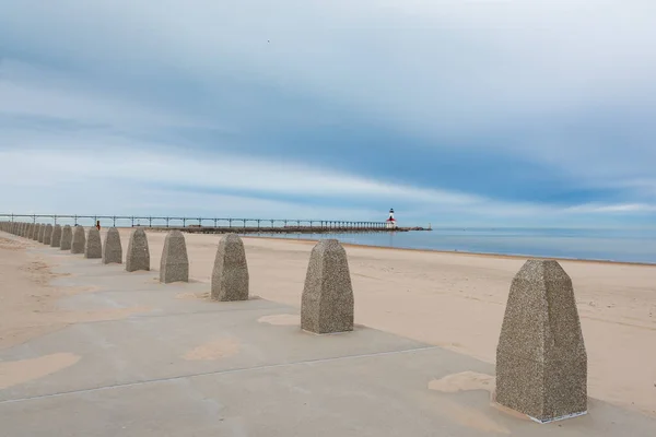 Michigan City Beach Lighthouse Early Morning Storms Approach Michigan City — Stock Photo, Image