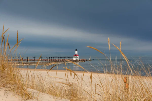 Michigan City Lighthouse Beach Storm Clouds Approaching Michigan City Indiana — Stock Photo, Image