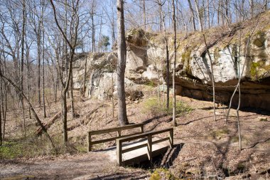 Indian Creek Doğa Yolu 'ndaki patika ve kayalıklar. Giant City Eyalet Parkı, Makanda, Illinois.