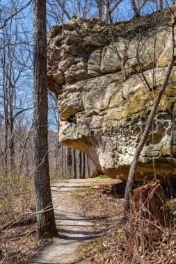 Indian Creek Doğa Yolu 'ndaki patika ve kayalıklar. Giant City Eyalet Parkı, Makanda, Illinois.