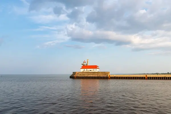 stock image Duluth North Pier Lighthouse with blue skies in the afternoon light.