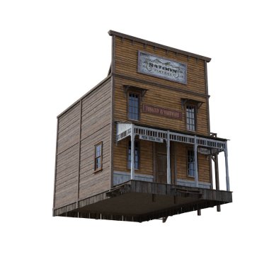 Batı Evleri 2 Numaralı Ev. 3d Ovrlay, Clipart, Obje Ovrlay Olarak Sahne Oluşturma Çizimi. Beyaz arkaplanda izole edilmiş fotorealistik ve yüksek çözünürlüklü.