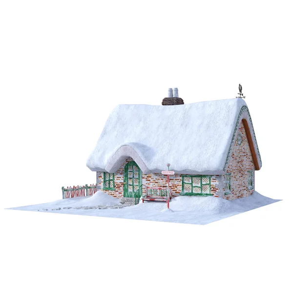 Snowy house for fairytale winter landscape. 3d Rendering-Illustration for Building Scene as Ovrlay, Clipart, Object. Photorealistic and high resolution isolated on white background.