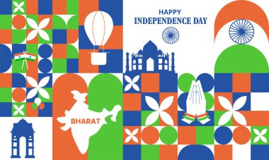 Bharat 'ın Bağımsızlık Günü kutlamaları için soyut düz arkaplan tasarımı. Sancak, poster ve web başlığı vektör illüstrasyonu.