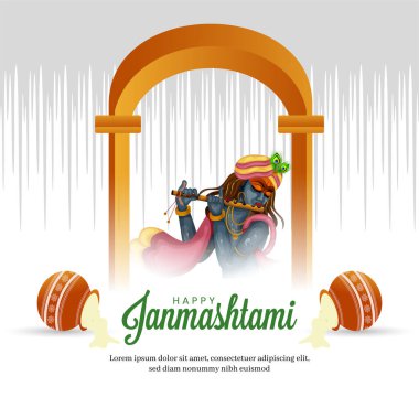 Hindistan Janmashtami Festivali kutlu olsun. Lord Krishna geleneksel arkaplanda flüt vektör çizimi çalıyor.