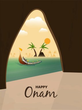 Mutlu Onam. Akşam vektör illüstrasyonunda Hint festivali vallamkali (tekne yarışı) ile kutlanıyor.
