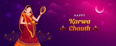 Mutlu Karwa Chauth 'lar. Hint Festivali geleneksel arka planı kutluyor, Hintli kadın Hindu evli festival ritüelini gerçekleştiriyor.