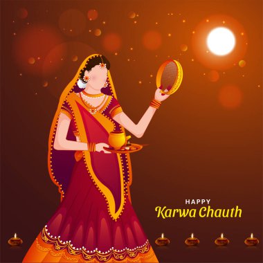 Mutlu Karwa Chauth 'lar. Hint Festivali geleneksel arka planı kutluyor, Hintli kadın Hindu evli festival ritüelini gerçekleştiriyor.