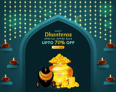Mutlu Dhanteras Hint Festivali 'nin arka plan tasarımı Diwali satışında altın mücevherler, madeni paralar ve gaz lambalarıyla