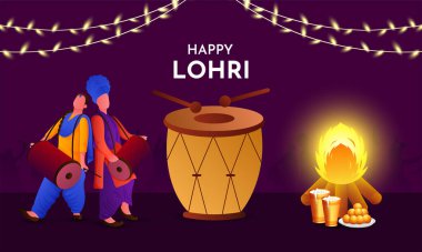 Happy Lohri Punjabi Indian festival celebration vector illustration. People dancing in front of bonfire in night. clipart