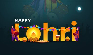 Happy Lohri Punjabi Indian festival celebration vector illustration. People dancing in front of bonfire in night. clipart