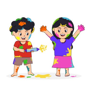 Renkli ve su tabancasıyla oynayan çizgi film çocuklarının şirin vektör çizimi, Holi kutlaması, eğlence, mutlu çocuklar, renk festivali, renkle oynayan bir oğlan ve bir kız, sevimli renkli bir karakter. Mutlu Holi