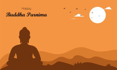 Buddha 'nın güzel bir dağ manzarasında meditasyon yapmasının vektör çizimi akşam sakinleştirici arka plan. Mutlu Buda Purniması.