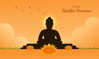 Buda 'nın rahatlatıcı bir arka planda meditasyonunun vektör çizimi. Mutlu Buda Purniması.
