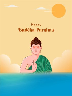 Buda 'nın suda meditasyon yapmasının güzel sakinleştirici arka planı olan vektör çizimi. Mutlu Buda Purniması.