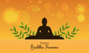 Buda 'nın rahatlatıcı bir arka planda meditasyonunun vektör çizimi. Mutlu Buda Purniması.