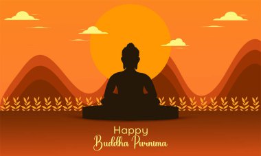 Buddha 'nın güzel bir dağ manzarasında meditasyon yapmasının vektör çizimi akşam sakinleştirici arka plan. Mutlu Buda Purniması.