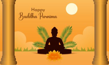 Buda 'nın rahatlatıcı bir arka planda meditasyonunun vektör çizimi. Mutlu Buda Purniması.