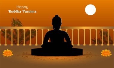 Buda 'nın rahatlatıcı bir arka planda meditasyonunun vektör çizimi. Mutlu Buda Purniması.