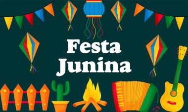 Festa junina müzik festivali kutlama davetiyesi, tebrik kartı, poster, afiş ve broşür tasarım vektör ilüstrasyonu.