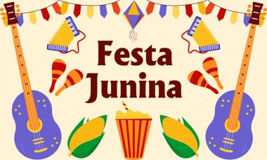 Festa junina müzik festivali kutlama davetiyesi, tebrik kartı, poster, afiş ve broşür tasarım vektör ilüstrasyonu.