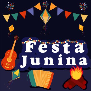 Festa Junina müzik festivali arka plan tasarımı, gitar, şenlik ateşi, dekorasyon ve enstrüman illüstrasyonu.