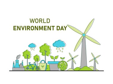 Dünya Çevre Günü. Çevre koruma, toprak bakımı, tasarruf doğa, yeşil enerji, yenilenebilir, sürdürülebilir konsept vektör çizimi.