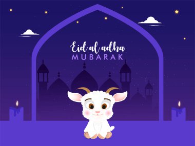 Kurban Bayramı Adha veya Bakrid afişi, poster tasarım vektörü illüstrasyonu. Güzel mandala el çizimi ay ve sevimli keçi.