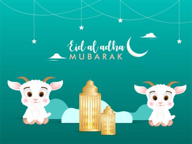 Kurban Bayramı Adha veya Bakrid afişi, poster tasarım vektörü illüstrasyonu. Güzel mandala el çizimi ay ve sevimli keçi.